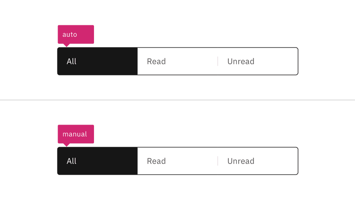 Two content switchers, one with a pink annotation reading "auto", the other with an annotation "manual"